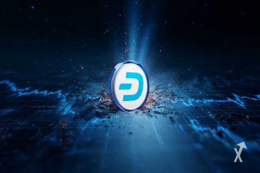 Dash-Token auf blauem Explosionsdiagramm.