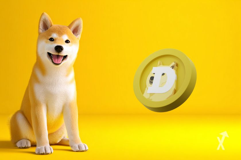 Shiba Inu und Dogecoin-Token. Gelber Hintergrund.