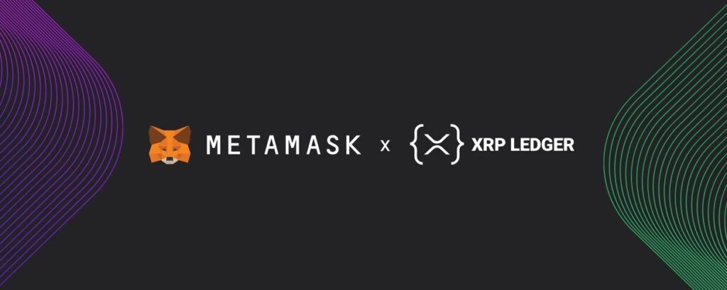 logos von MetaMask und XRP Ledger auf dunklem hintergrund, verbunden durch ein 'x' rechts grün und links violett
