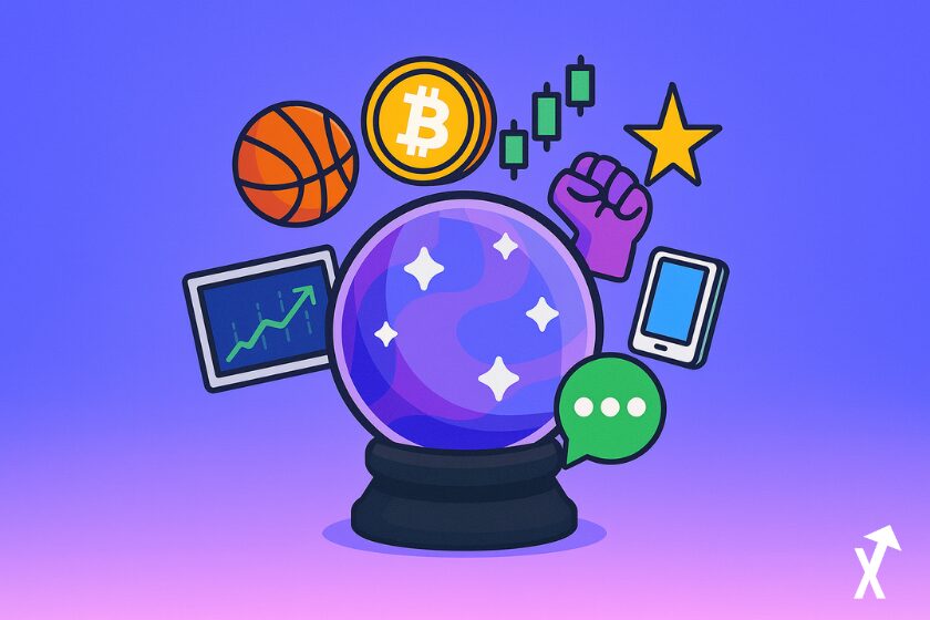 Illustration eines Prognosemarkts mit dynamischen Finanzdiagrammen, farbigen Kurskurven, Datendisplays und einer futuristischen Atmosphäre, ergänzt durch eine Kristallkugel, einen Basketball und ein Bitcoin-Symbol.