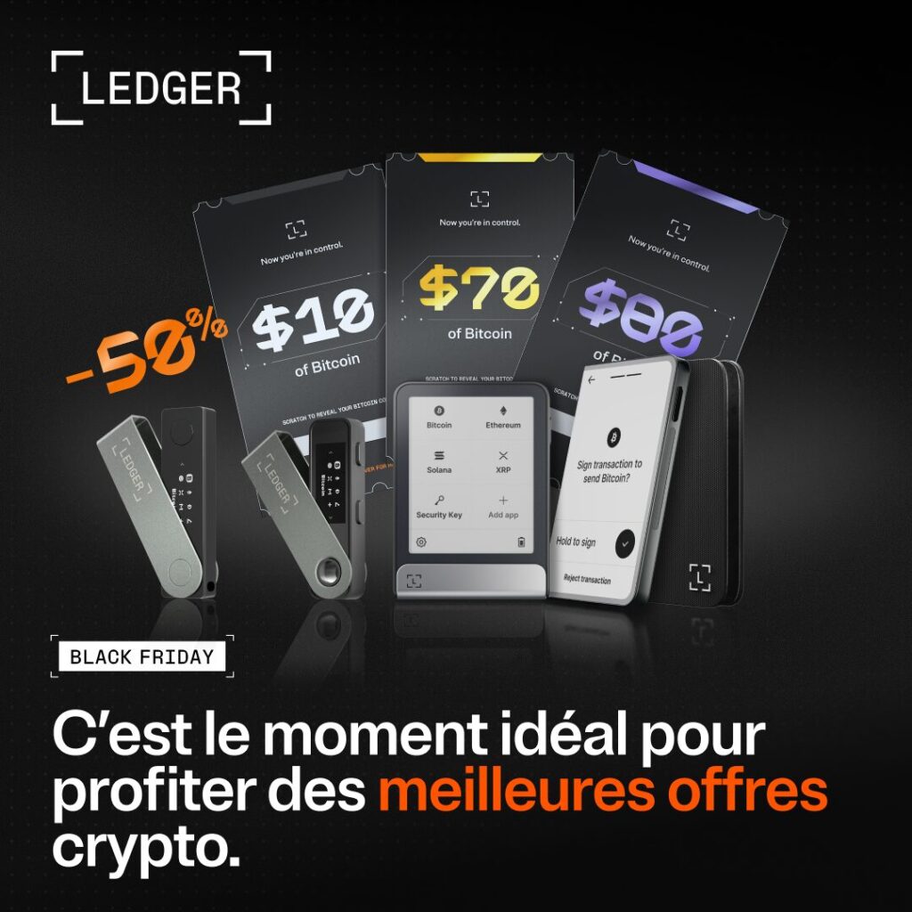 Ledger Black Friday Promotion mit Ledger Hardware-Wallet auf schwarzem Hintergrund, mit modernen grafischen Elementen und Hervorhebung von Krypto-Sicherheitsangeboten