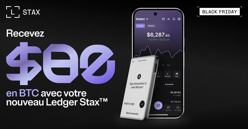 Ein Smartphone mit einem Ledger Stax auf schwarzem Hintergrund für ein Black Friday Angebot