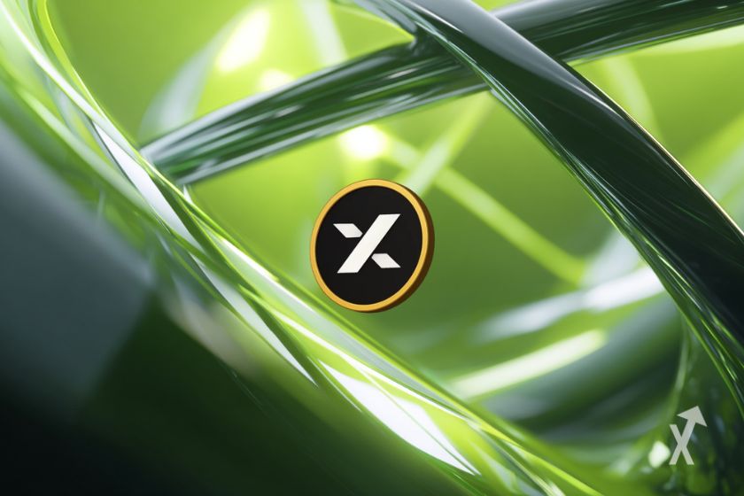 MYX Finance Token auf grünem Hintergrund "MYX Finance Token auf grünem Hintergrund"