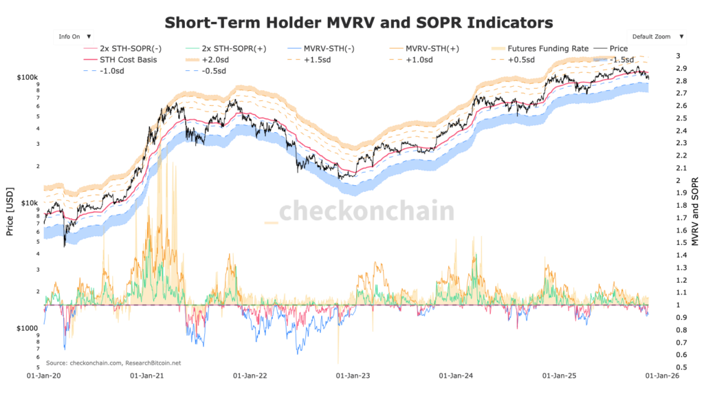 Bitcoin-Diagramm mit Bollinger-Bändern der STH gestrichelt und blauen Zonen
