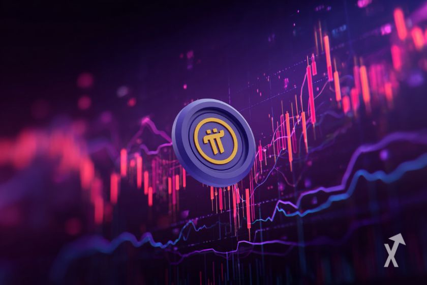 Pi Network Token auf 3D-Grafikpaar in Lila.