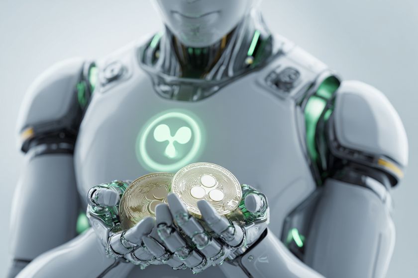 Ein Roboter hält Silbermünzen auf Weiß.