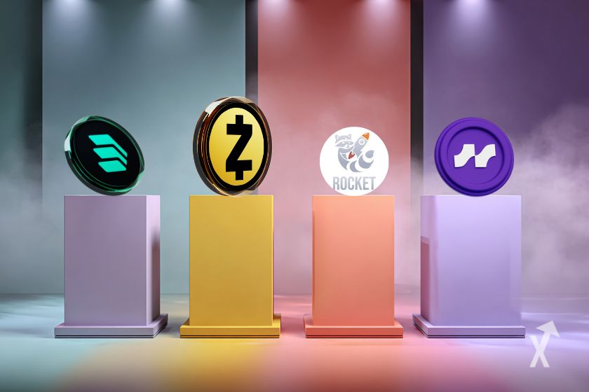 "Vier bunte Säulen mit verschiedenen Krypto-Tokens"