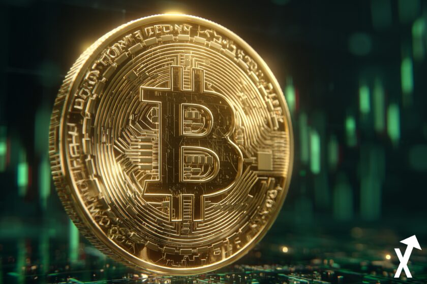 Goldener Bitcoin auf grünem Hintergrund.