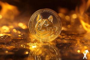 "DogeCoin goldene Münze auf hellem Goldgrund"