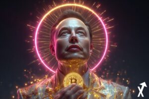 Elon Musk hält goldene Bitcoin.