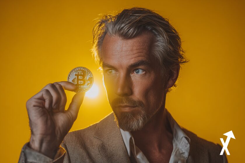 Saylor hält goldenen Bitcoin-Token.