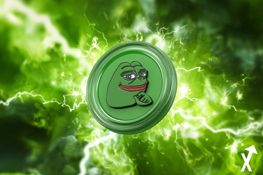 Pepe Coin auf elektrischem Hintergrund.
