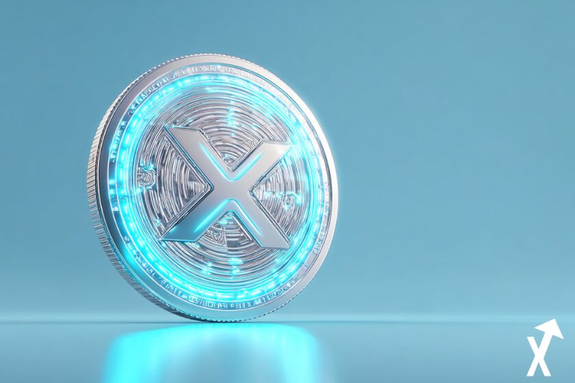 XRP Münze auf blauem Hintergrund.