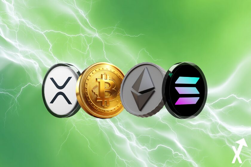 "SOL BTC ETH XRP Münzen auf grünem und weißem Hintergrund"