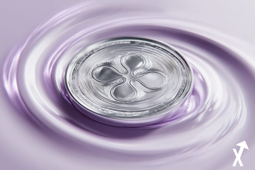 XRP M&uuml;nze auf lila Hintergrund.