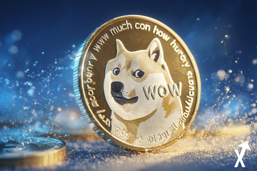 Goldener Dogecoin auf blau-wei&szlig;em Hintergrund.