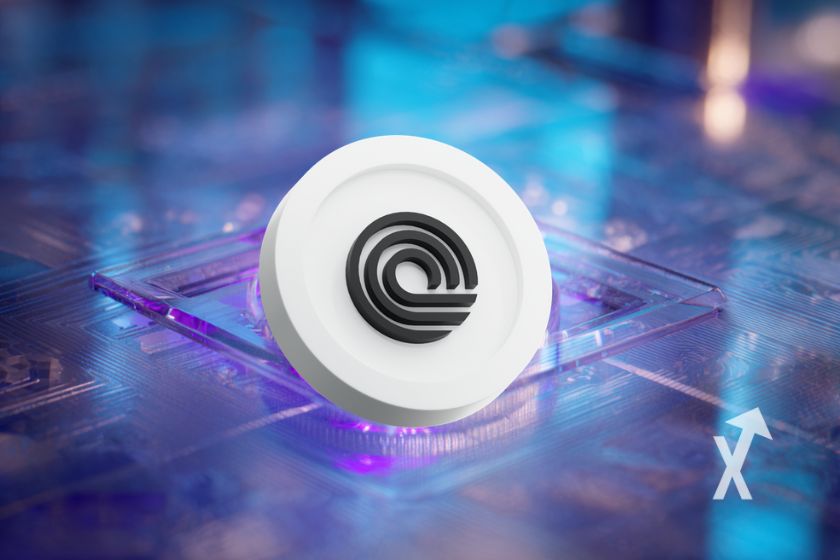 Münze OONDO auf holographischem Blau-rosa-Hintergrund.