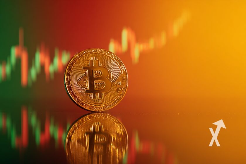 Bitcoin M&uuml;nze auf orangefarbenem Hintergrund.