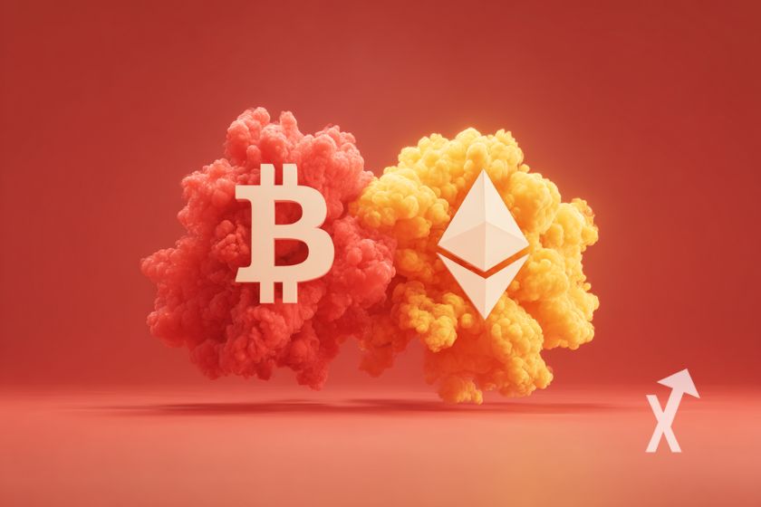 "Bitcoin & Ethereum Logos auf rotem Hintergrund"