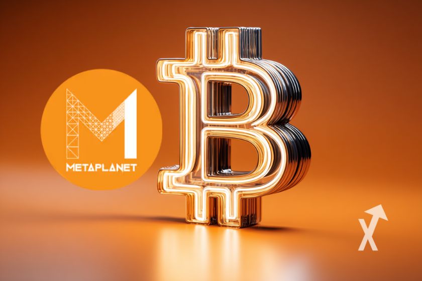 Bitcoin- und Metaplanet-Logos auf orangefarbenem Hintergrund.