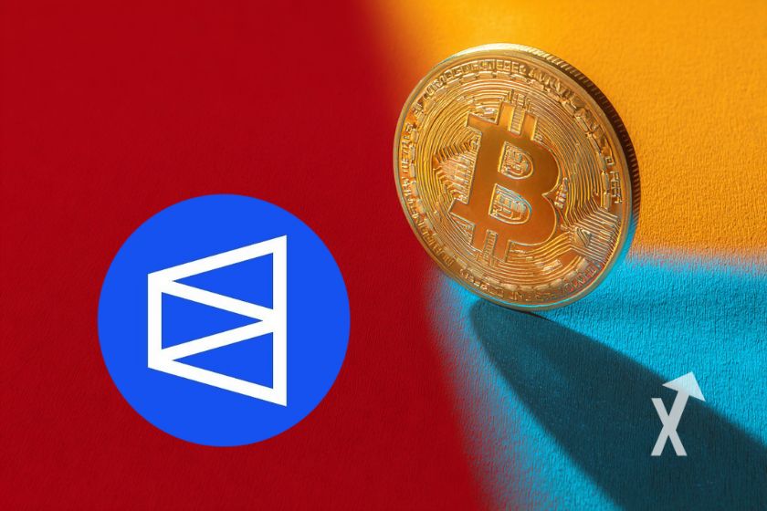 Bitcoin Münze auf buntem Hintergrund.