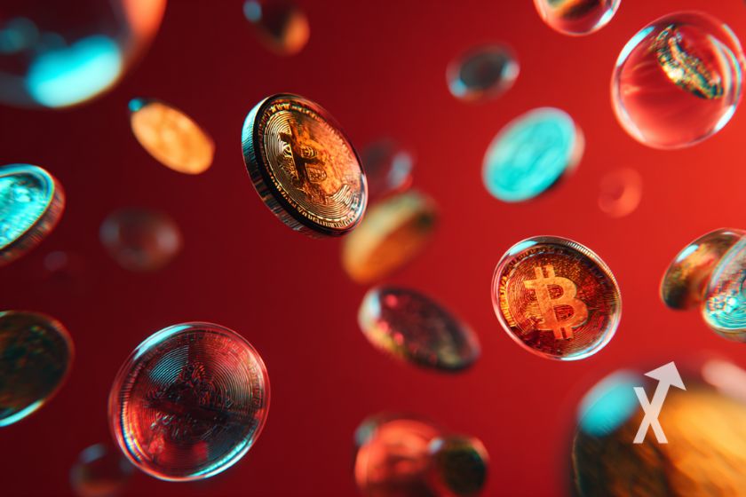 "Bitcoin Kryptowährung Münzen auf rotem Hintergrund"