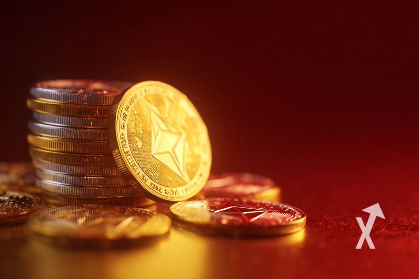 "Coins gestapelt mit gelbem Ethereum auf rotem Hintergrund"