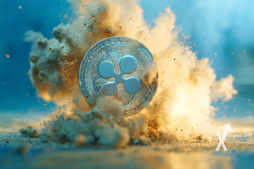 XRO-M&uuml;nze auf blauem Hintergrund mit Rauchexplosion.