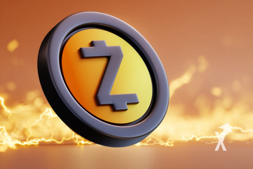 Münze Zcash ZEC auf orangefarbenem Hintergrund.