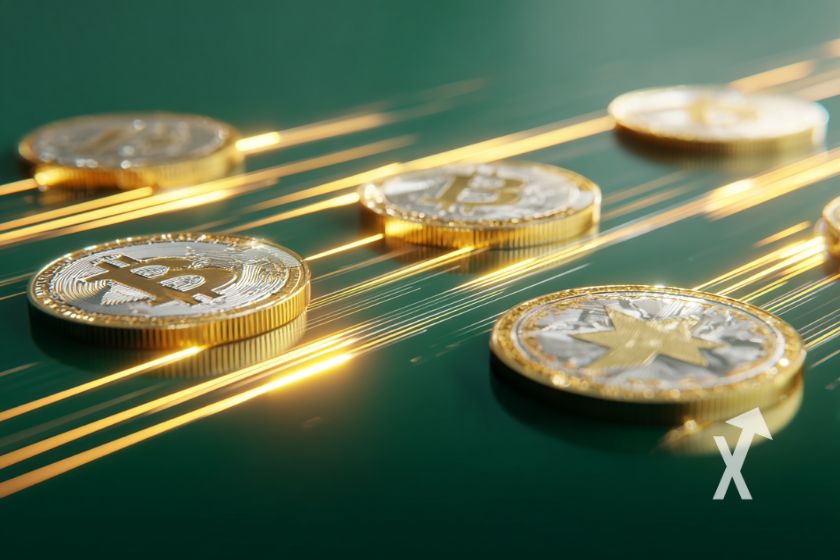 Bitcoin-M&uuml;nze auf gr&uuml;nem Hintergrund. Leuchtende Linien.