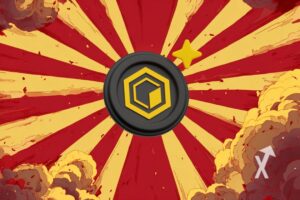 CORE M&uuml;nze, rot-gelber Hintergrund, Rauchwolken.