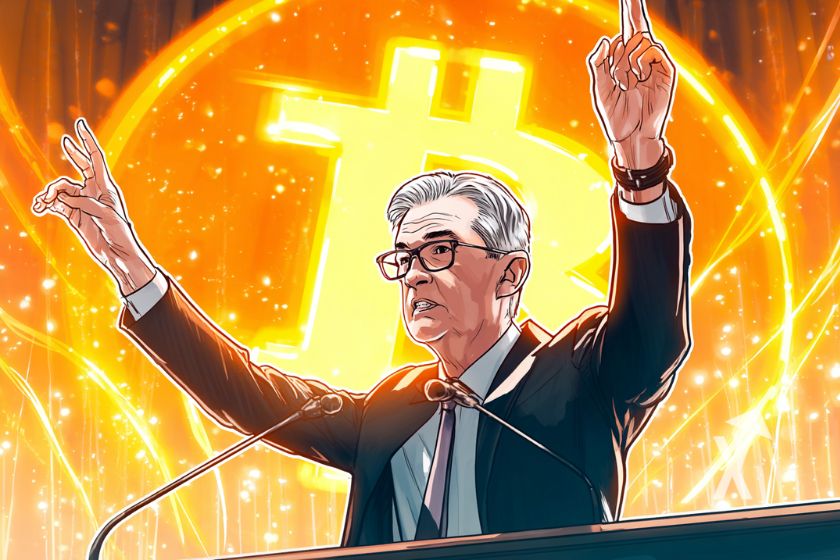Jerome Powell vor leuchtendem Bitcoin-Grafikbild.