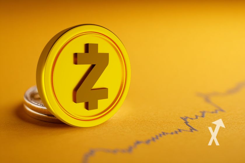 ZCash Coin auf gelbem Hintergrund.