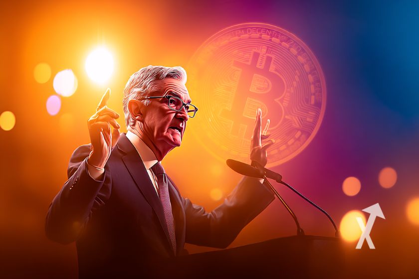 Jerome Powell mit Bitcoin M&uuml;nze.