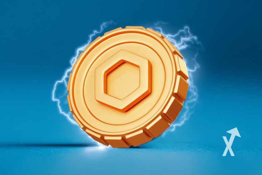 "Coin Chainlink auf blauem Hintergrund, elektrisiert"