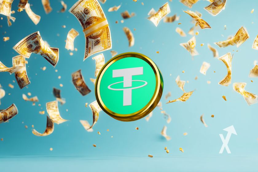 Münztether auf blauem Hintergrund mit fliegenden Dollarnoten.