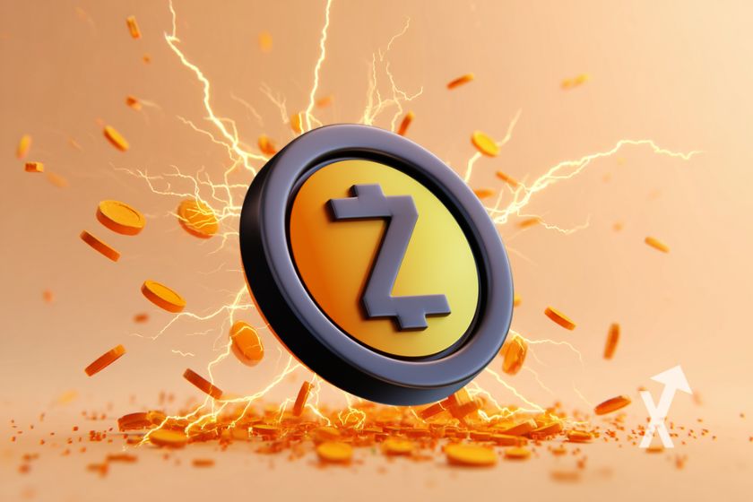 M&uuml;nze ZCash ZEC auf orangefarbenem Hintergrund.