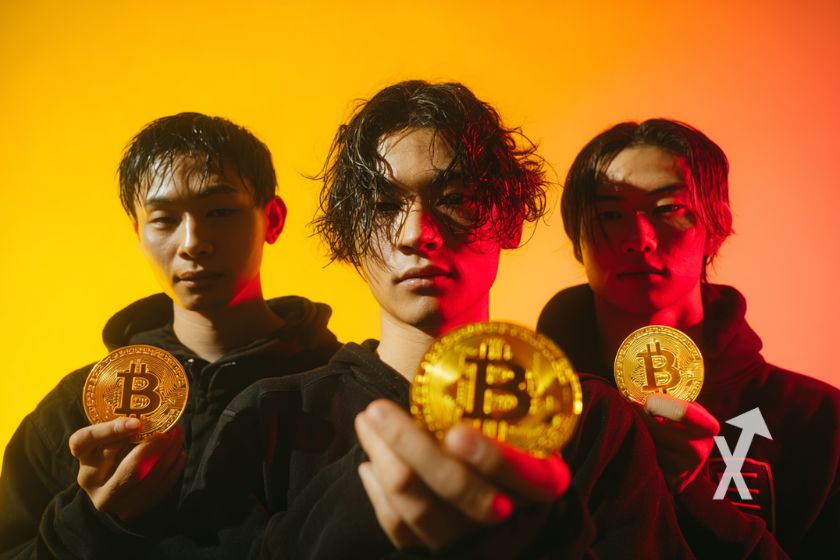 Drei Japaner halten Bitcoin auf gelbem Hintergrund.