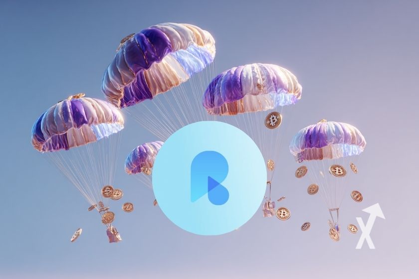 "Logo Rainfi mit Bitcoin-Parachutes, grauer Himmel"