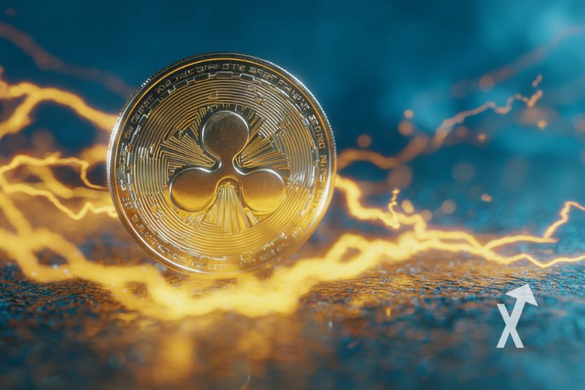 "Gelber XRP Token mit orangener Elektrizität."