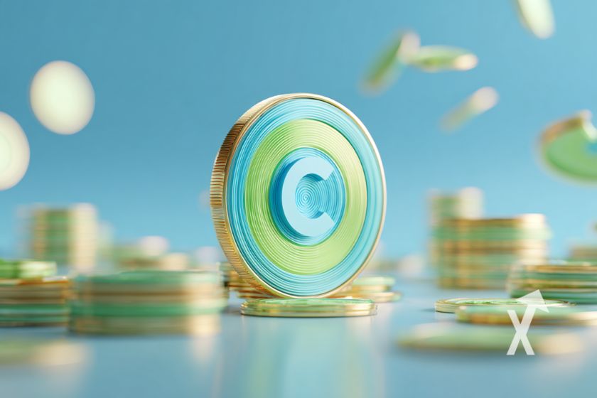 Goldene Token auf blauem Hintergrund.