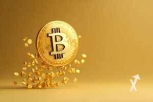Gelber Bitcoin auf gelbem Hintergrund.