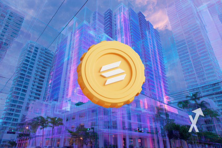 Blauer Hologrammgebäude mit gelbem Solana SOL-Token.
