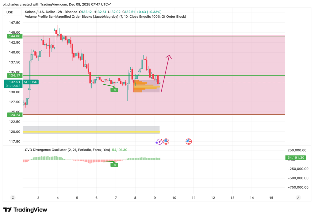 Solana Kurs im 2-Stunden-Chart mit Order Block und rosa Zone für die Range