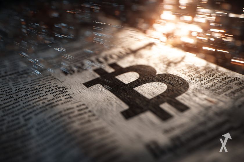 Zeitung im Regen mit Bitcoin-Logo.