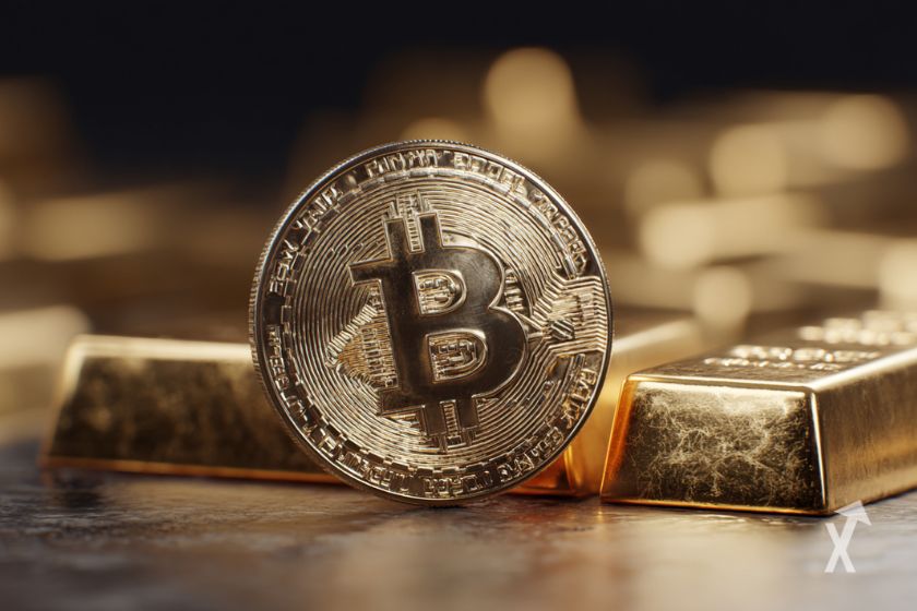 Bitcoin umgeben von Goldbarren.
