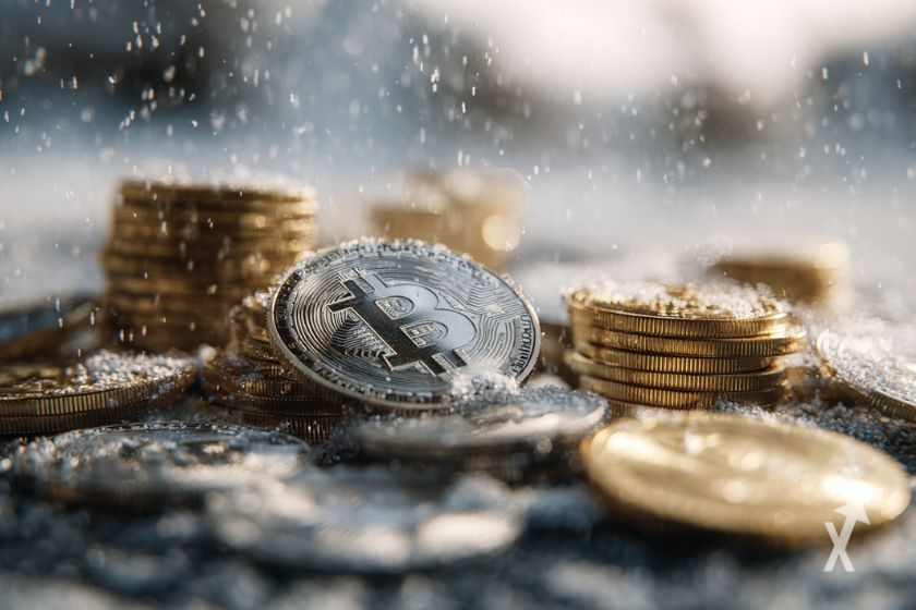 Krypto-M&uuml;nzen unter Schnee mit Bitcoin-Logo.