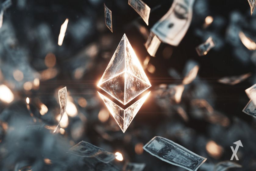 "Ethereum-Logo umgeben von Dollar-Scheinen"