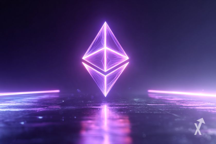 "Ethereum-Logo in lila Hervorhebung auf violettem Hintergrund"