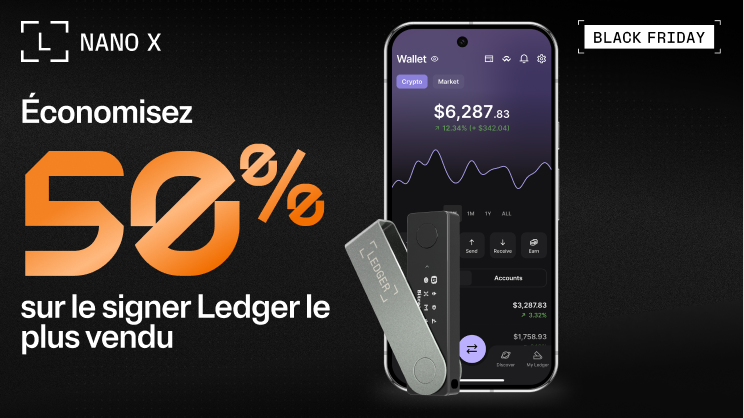 Ein Smartphone mit einem Ledger Nano X auf schwarzem Hintergrund für ein Black Friday Angebot
